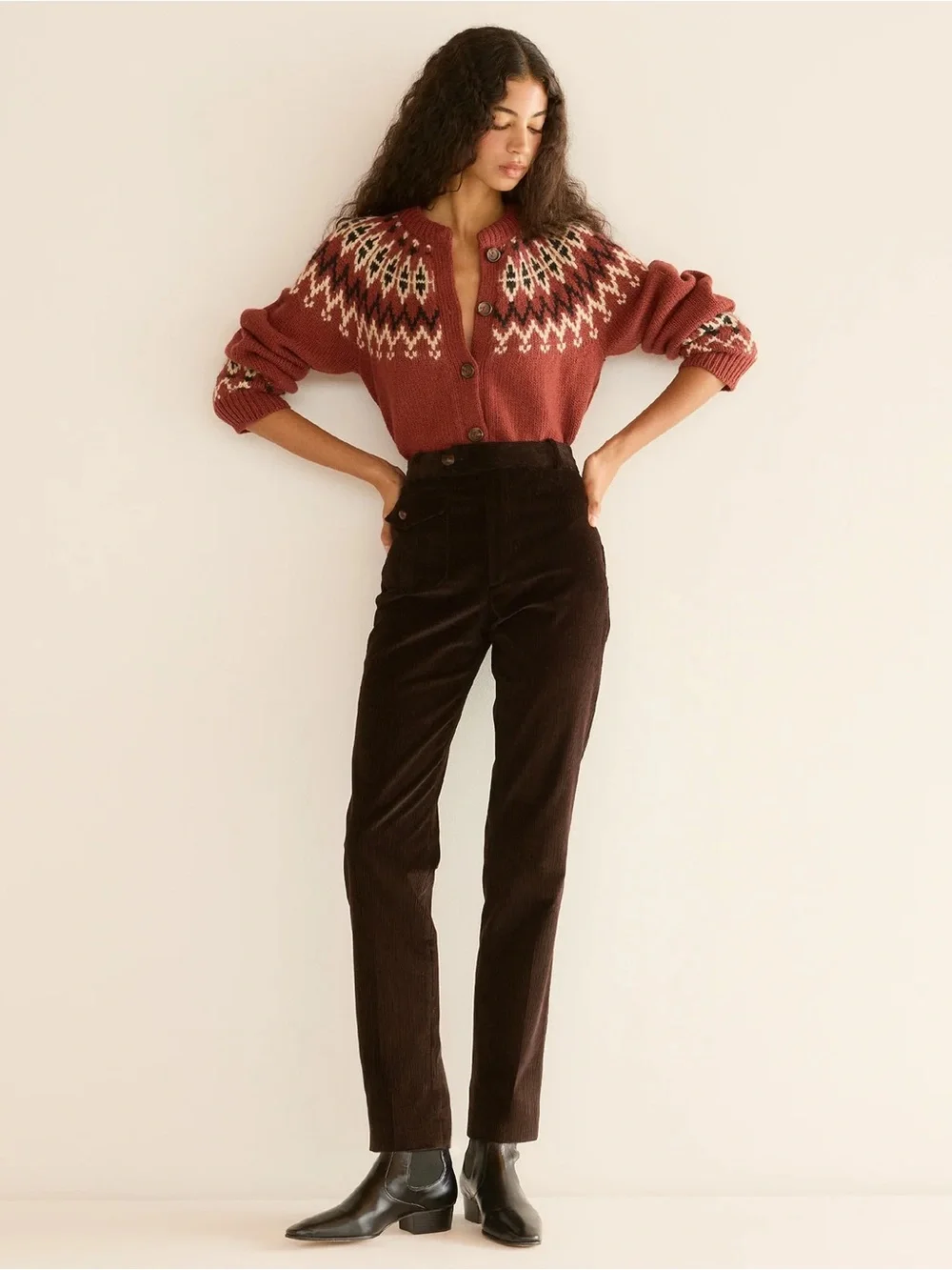 NWT Doen Clarke Wool Alpaca Button Cardigan Knit Sweater Burgundy Fair Isle Red